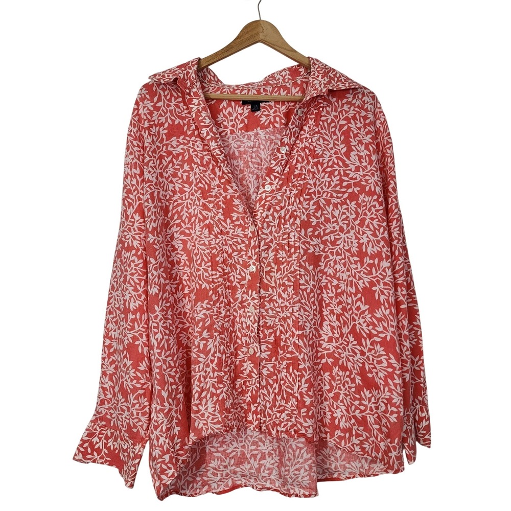 Lands' End 100% Linen Coral Botanical Button‎ Front Blouse Women XL Petite beach